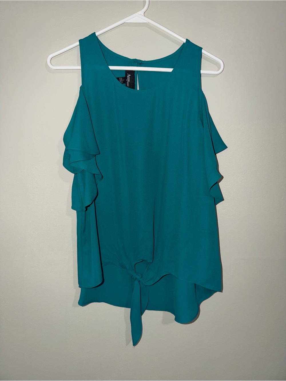 Amy Wear Teal Cold Shoulder Ruffle Tie-Front Blouse – Size L